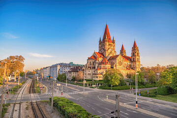 Vienna Austria city skyline at St. Francis of Assisi Church