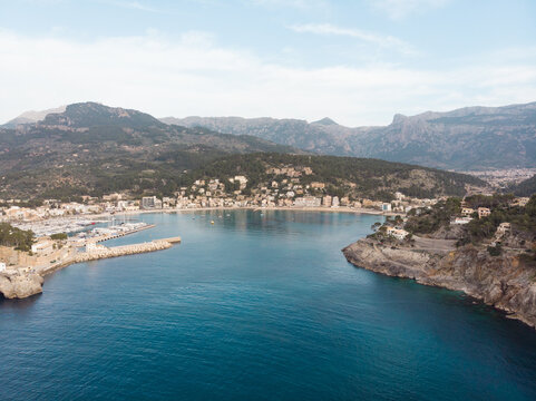 Aerial, Bird's eye, Drone view of Port de Sóller, Soller Harbour, Palma de Mallorca, Balearic islands, Spain © Adelin