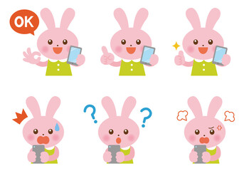 ウサギとスマホ　イラストセット