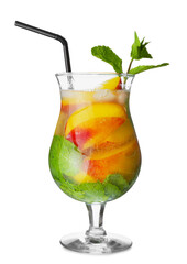 Glass of fresh peach lemonade on white background