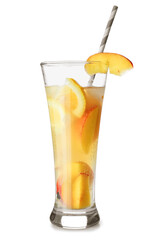 Glass of fresh peach lemonade on white background