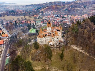 Fototapeta na wymiar Aerial, bird's eye, drone view of the Bran Castle, Dracula Castle, Bran, Transylvania, Romania