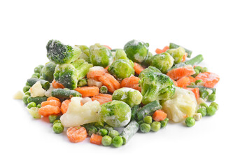 Mix of frozen vegetables on white background