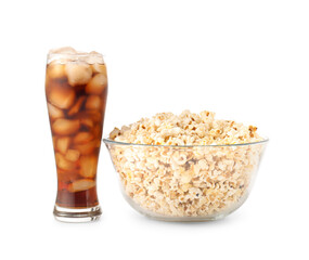 Tasty popcorn and cola on white background
