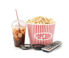 Tasty popcorn, cola, TV remote control and 3D glasses on white background