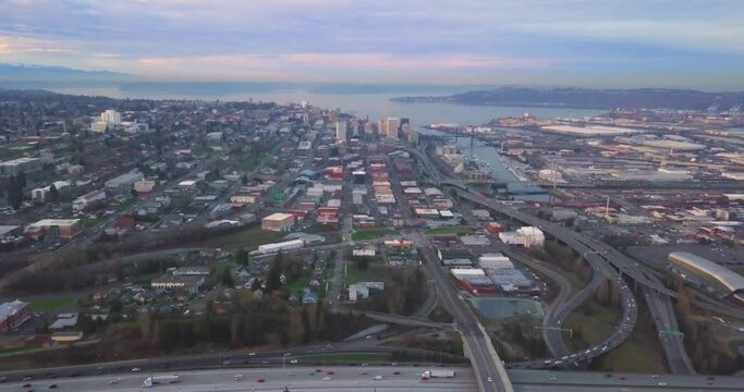 The Beautiful City Of Tacoma, Washington With Unique Infrastructure and Calm Sea - Aerial Shot