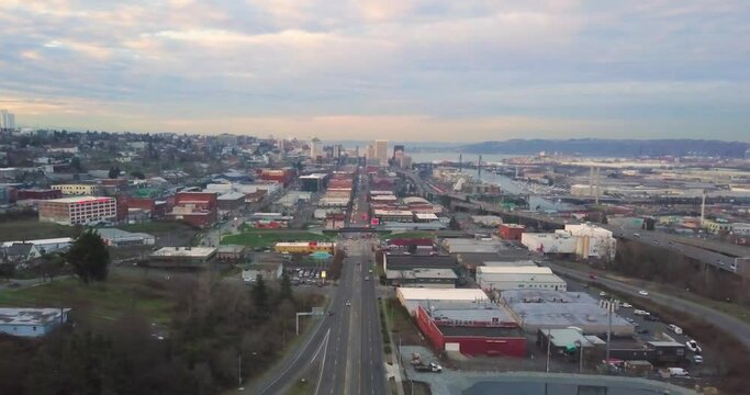 The Peaceful City Of Tacoma, Washington USA With Different Buildings and Trees - Aerial Shot