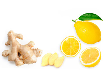 Ginger and lemon isolated on white background. Top view. 