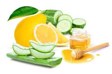 Aloe vera with lemon fruit, cucumber and purity honey isolated on white background. Beauty care and skincare concept.