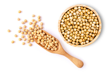 Soy beans in wooden bowl and spoon isolated on white background. Overhead view. Flat lay.