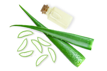 Moringa leaf with dry seeds and bottle of essential moringa seed oil isolated on white background. Top view. Flat lay.