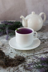 lavender tea in a white mug. Purple tea in a mug on a light background stands on the table next to lavender flowers. Dried lavender flowers are brewed in a Cup.