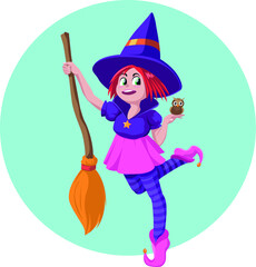 Little witch with her broom and her pet owl
