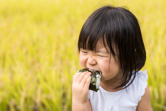 稲穂の実った秋の田んぼで美味しい新米おにぎりを食べる子供