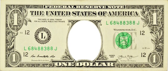One dollar with an empty space without a portrait. Frame, background, template for photo of the design. - obrazy, fototapety, plakaty