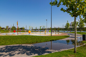 View of the children's playground in the new park on the city embankment
