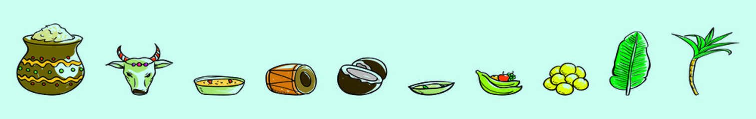 set of pongal festival cartoon icon design template with various models. vector illustration isolated on blue background