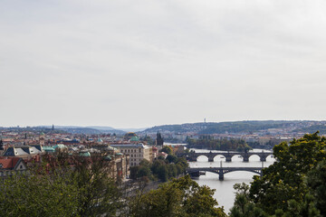 Prague, Czechia, September, 19, 2020. Vltava river and bridges of Prague.