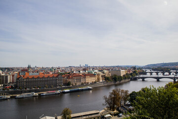 Prague, Czechia, September, 19, 2020. Vltava river and Prague old town.