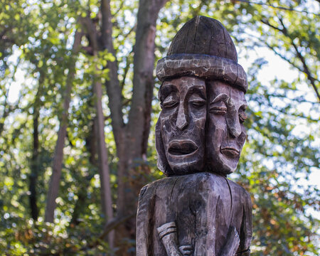 Sobotka, Poland, September, 14, 2020. "Swiatowid' - an all-seeing god. Old slavic sculpture at Sleza moutain.
