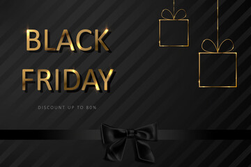 Fototapeta na wymiar Black Friday sale background with gold lettering. Commercial discount event banner. Vector illustration.