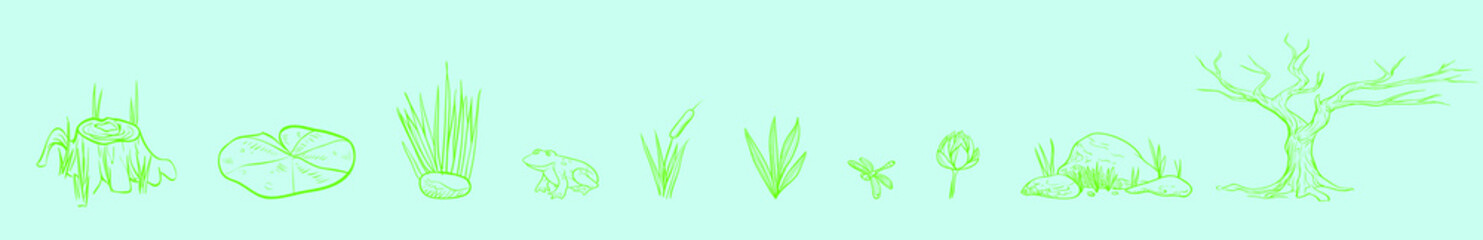 set of frog and swamp cartoon icon design template with various models. vector illustration isolated on blue background