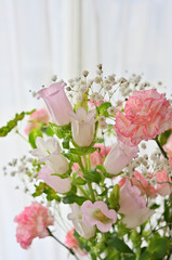 A carnation and a cassowood decorated on flower base by the window.