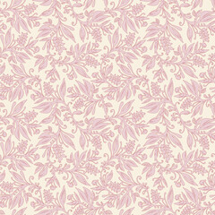 Floral seamless pattern with leaves and berries in pink and cream colors, hand-drawn and digitized. Design for wallpaper, textile, fabric, wrapping, background.