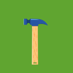 iron hammer with wooden handle on green background