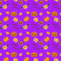 Halloween orange and yellow pumpkin or light Jack'o lantern cartoon on purple background seamless pattern.