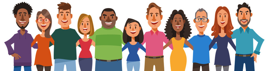 Diverse people arms around each other's shoulders with smile.  Concept of teamwork, friendship, diversity, equality. Vector illustration in flat cartoon style.