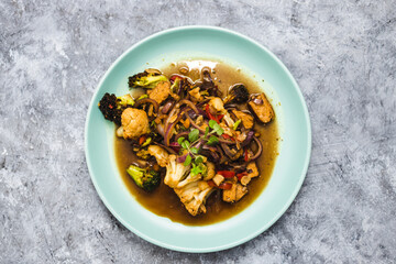 plant-based food, vegan mixed vegetable stew with tempeh