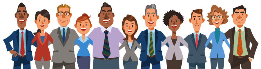 Diverse business people arms around each other's shoulders with smile.  Concept of teamwork, success, diversity, equality. Vector illustration in flat cartoon style.