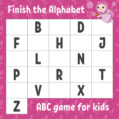Finish the alphabet. ABC game for kids. Education developing worksheet. Learning game for kids. Color activity page.