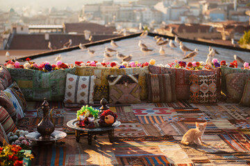 Turkish rooftop with carpets, pillows and little red cat