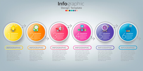 Infographics timeline template with realistic colorful circles for 6 steps and icons.