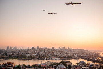Amazing sunrise over turkish city and Bosphorus strait