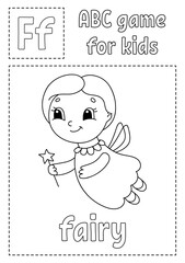 ABC game for kids. Alphabet coloring page. Cartoon character. Word and letter. Vector illustration.