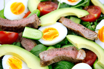 Healthy salad with beef cherry tomatoes and boiled egg.