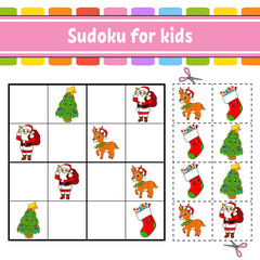 Sudoku for kids. Education developing worksheet. Activity page with pictures. Puzzle game for children. Logical thinking training. Isolated vector illustration. Funny character. Cartoon style.
