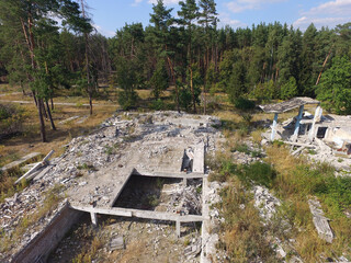 Ghost town in Eastern Europe (aerial drone image). Modern ruins. Kiev region. Ukraine