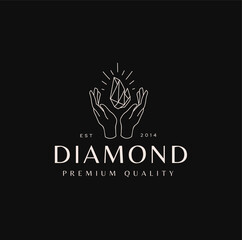 Vector Simple Hand with Diamond Brilliant Beauty Line Art Logo Illustration Template Icon 