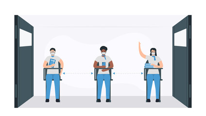 In period of coronovirus, students have to keep their distance from other people. New normal. Isolated vector is in flat style. Minimal design is in blue monochromatic color.
