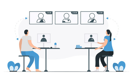 People discuss by video conference calls on laptop. Online talking. Work from home for protecting new coronavirus. Isolated vector is in flat style. Minimal design is in blue monochromatic color.