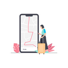 vector women walk carrying wheeled bags and use smartphone to navigation flat illustration concept