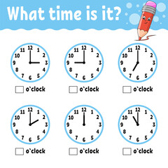 Learning time on the clock. Educational activity worksheet for kids and toddlers. Game for children. Simple flat isolated color vector illustration in cute cartoon style.