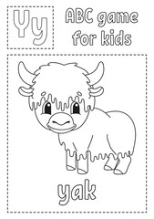 Letter Y is for yak. ABC game for kids. Alphabet coloring page. Cartoon character. Word and letter. Vector illustration.
