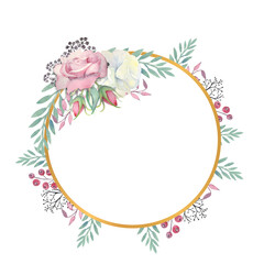 White and pink roses flowers, green leaves, berries in a gold round frame. Watercolor illustration