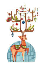 Watercolor color illustration of a deer with horns.