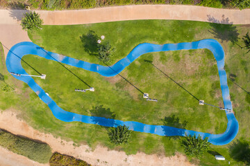 Small Bike track at a local skatepark, Top down aerial image.